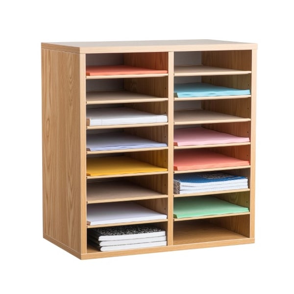 Adiroffice 16-Compartment Wood Adjustable Paper Sorter Literature File Organizer, Medium Oak ADI500-16-MEO - main